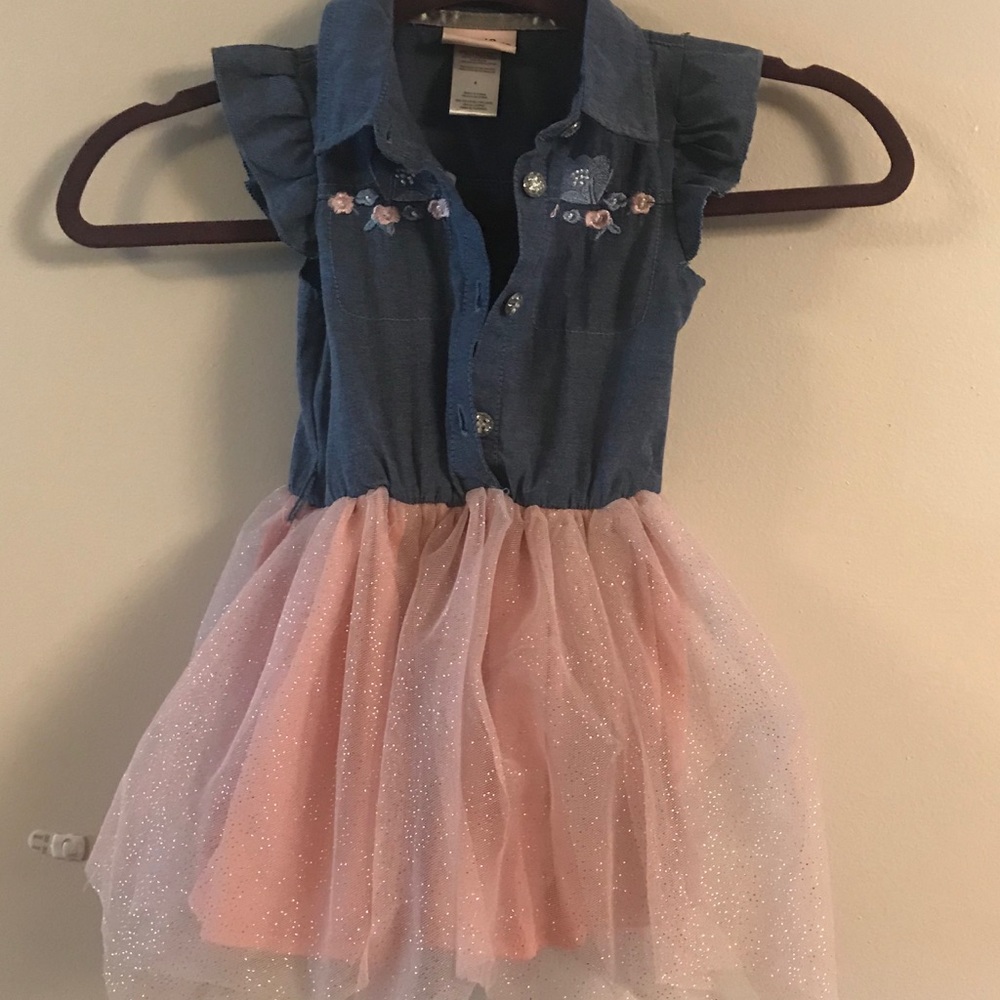 little lass pink glitter/chambray 4t dress EUC